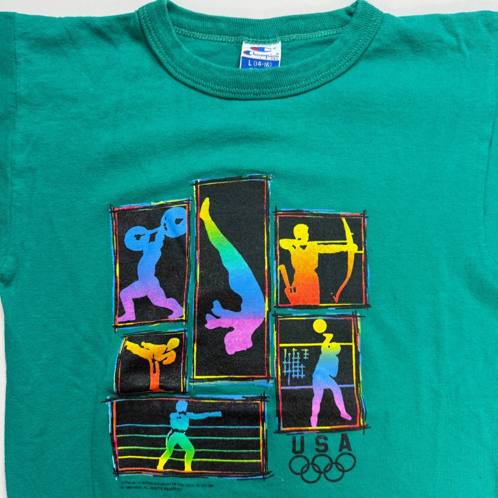 Vintage Champion USA Olympics T-Shirt Youth Large 14-16‎ Green Single Stitch USA
